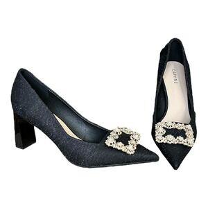 DAPHNE Black Heels Shimmer Fabric Rhinestone Pearl Buckle Women 7.5 /245 CN